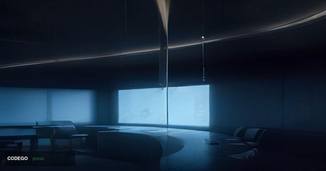 A cinematic editorial photograph of a sleek, modern financial exchange trading floor rendered in deep shadow and dramatic chi