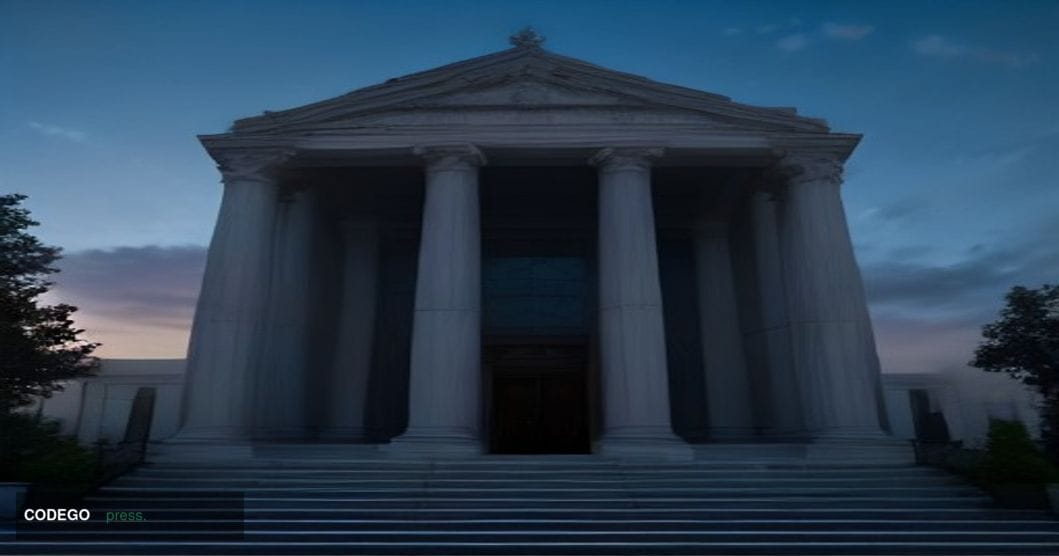 A grand neoclassical community bank building photographed at dusk from a low-angle wide shot, its stone columns and glass fac