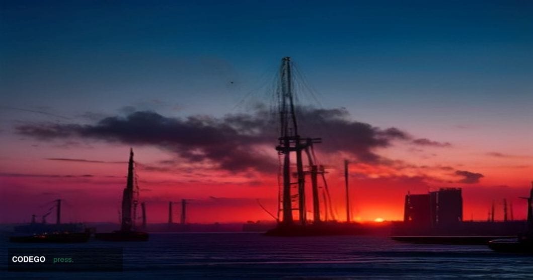 A cinematic editorial photograph set at the edge of a major East Asian commercial port at dawn, with towering steel cranes si