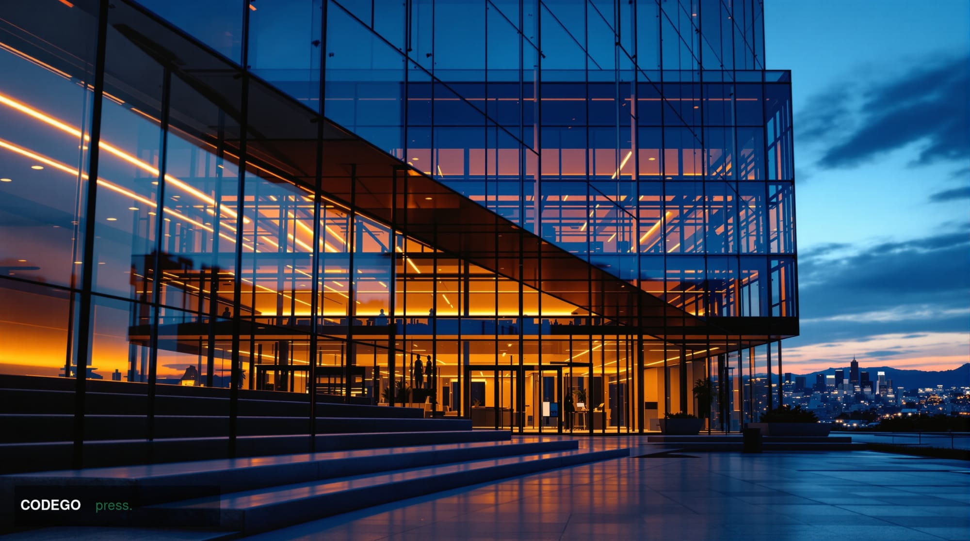 A cinematic editorial photograph depicting the exterior of a modern glass-and-steel San Francisco financial technology campus