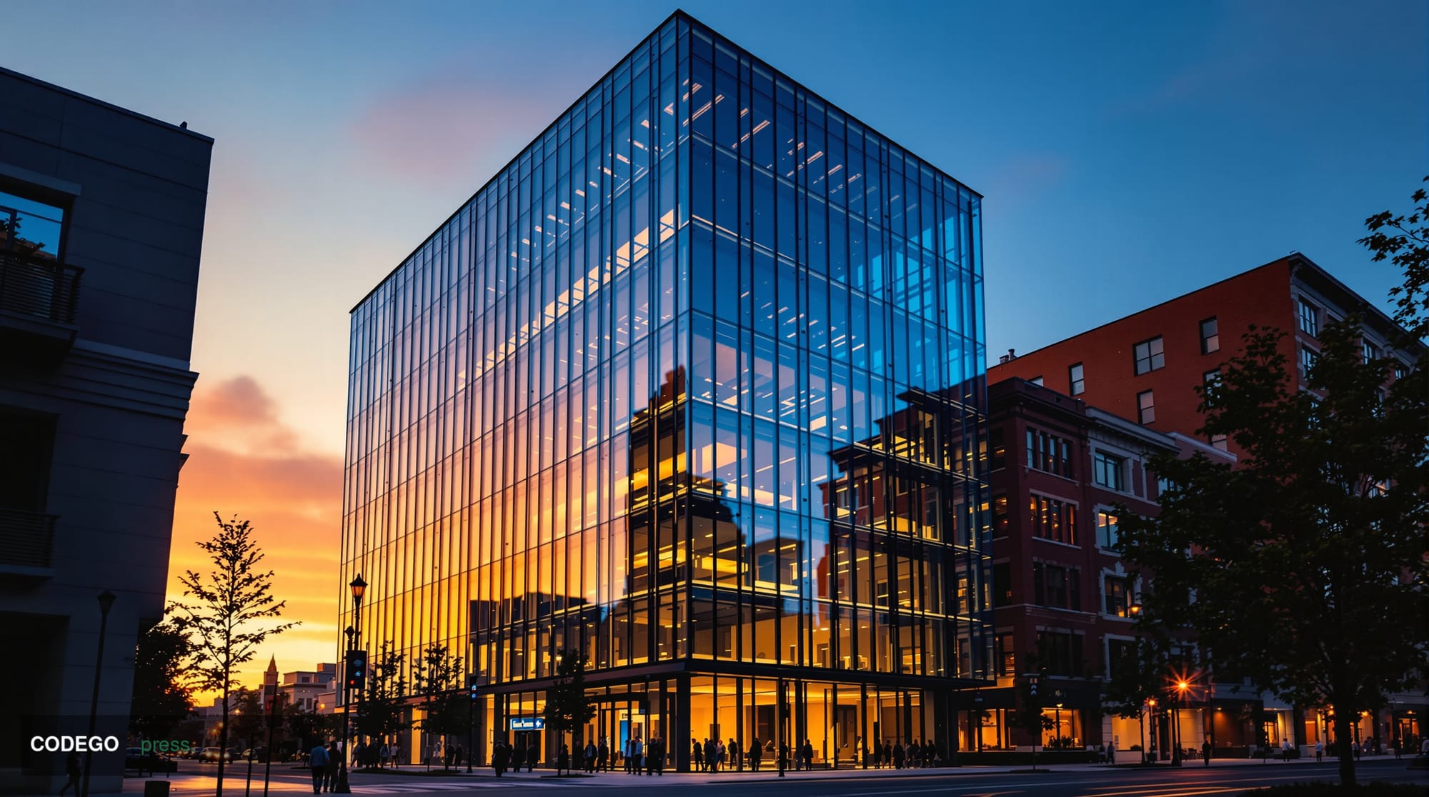 A cinematic editorial photograph of a sleek San Francisco technology corridor at dusk, with a modern glass-and-steel office b