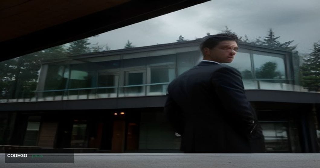 A cinematic editorial photograph set in Washington state, featuring a modern community bank branch exterior with Pacific Nort