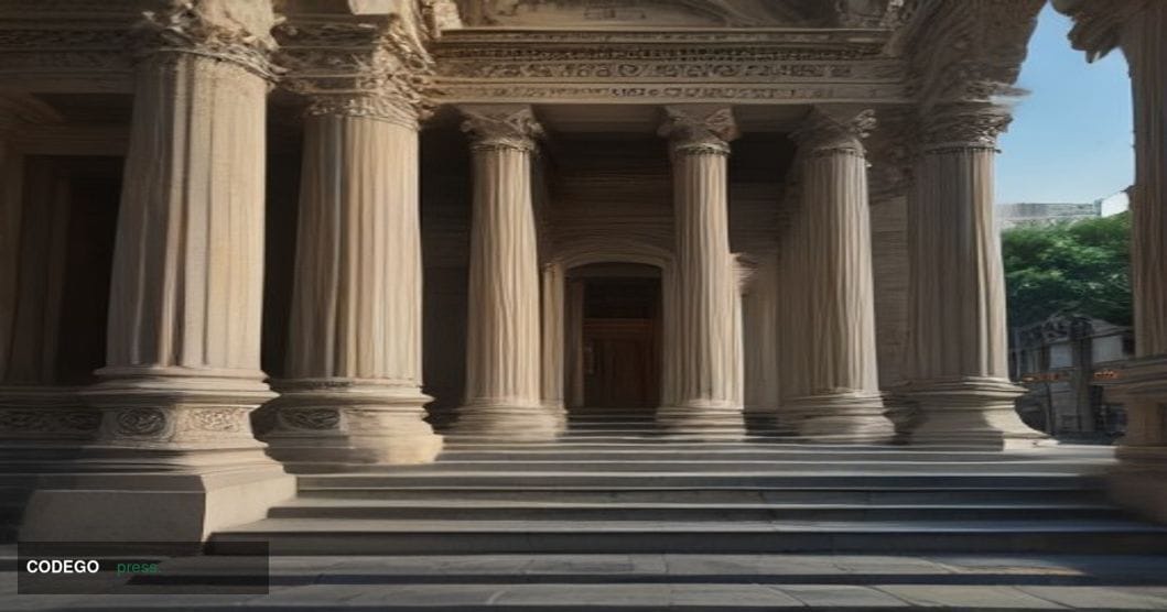 A photorealistic cinematic editorial photograph depicting the exterior of a grand, colonnaded central bank building in Mumbai