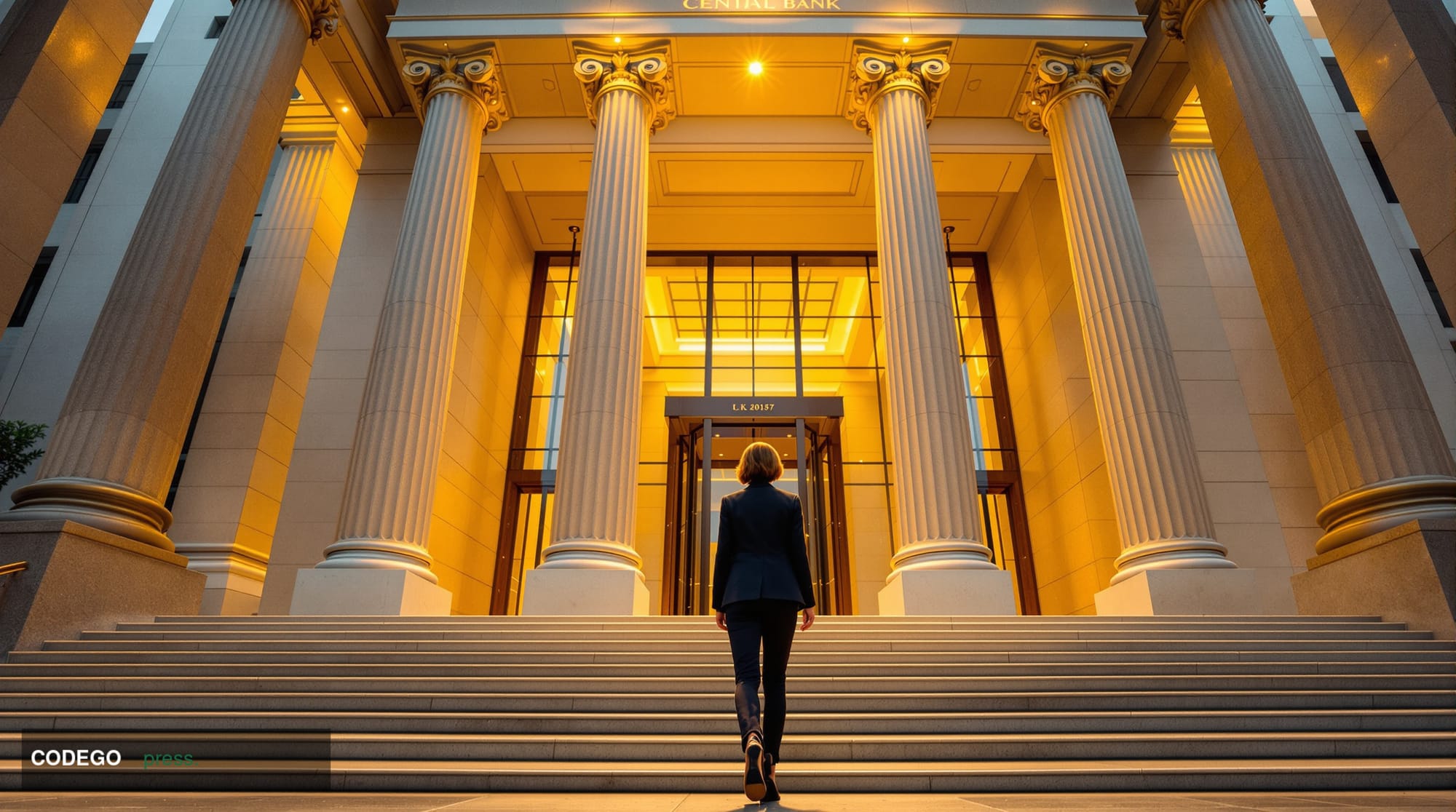 A cinematic editorial photograph set in Jakarta, Indonesia, with the distinctive neoclassical façade of a grand central bank 