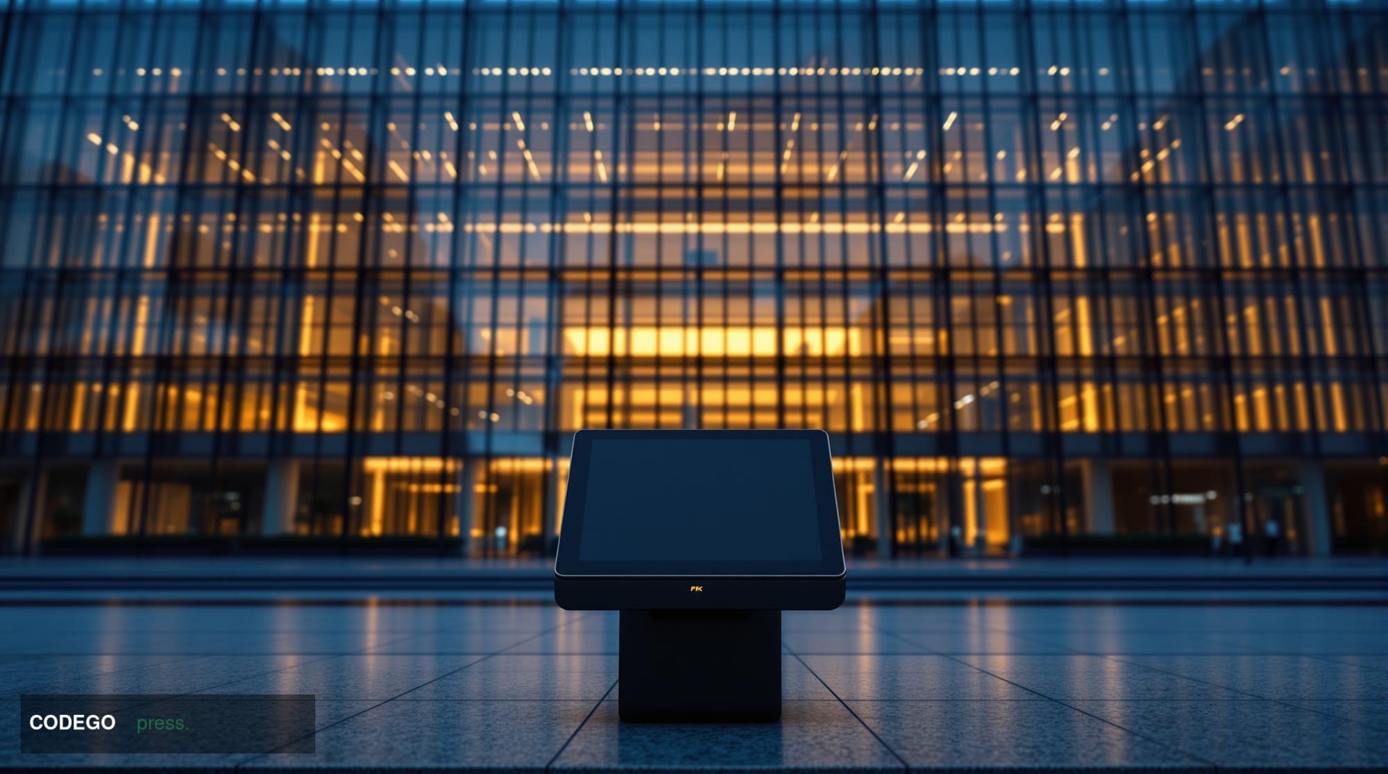 A wide-angle cinematic editorial photograph of a sleek European corporate headquarters at dusk — a monolithic glass-and-steel