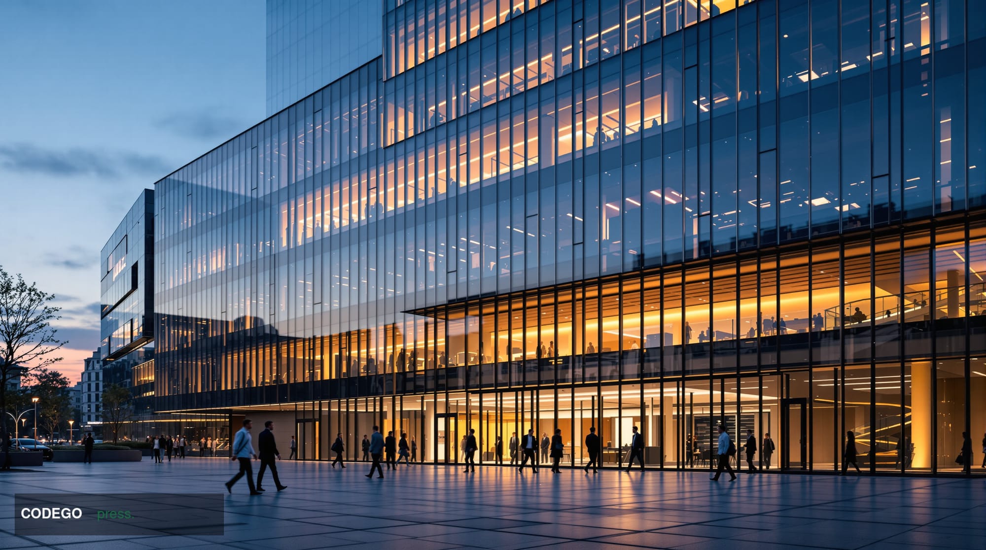 A wide-angle cinematic editorial photograph of a sleek European corporate headquarters building — a modern glass-and-steel st