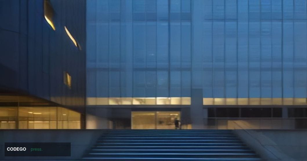 A cinematic editorial photograph of a sleek, modern European corporate headquarters building with a glass and steel facade, s