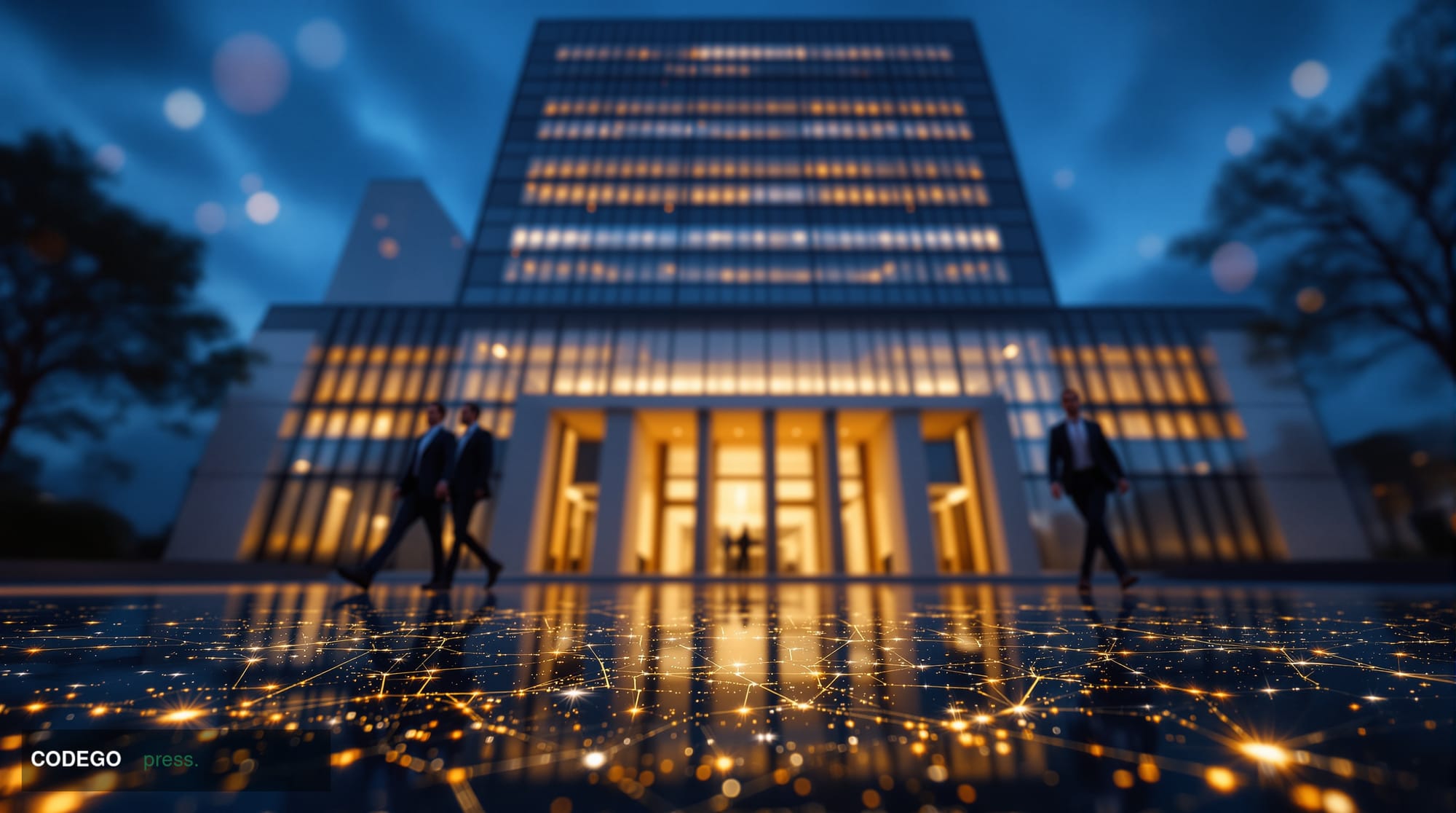 A cinematic editorial photograph shot at a low angle looking upward at a sleek Washington D.C. federal building at dusk, its 