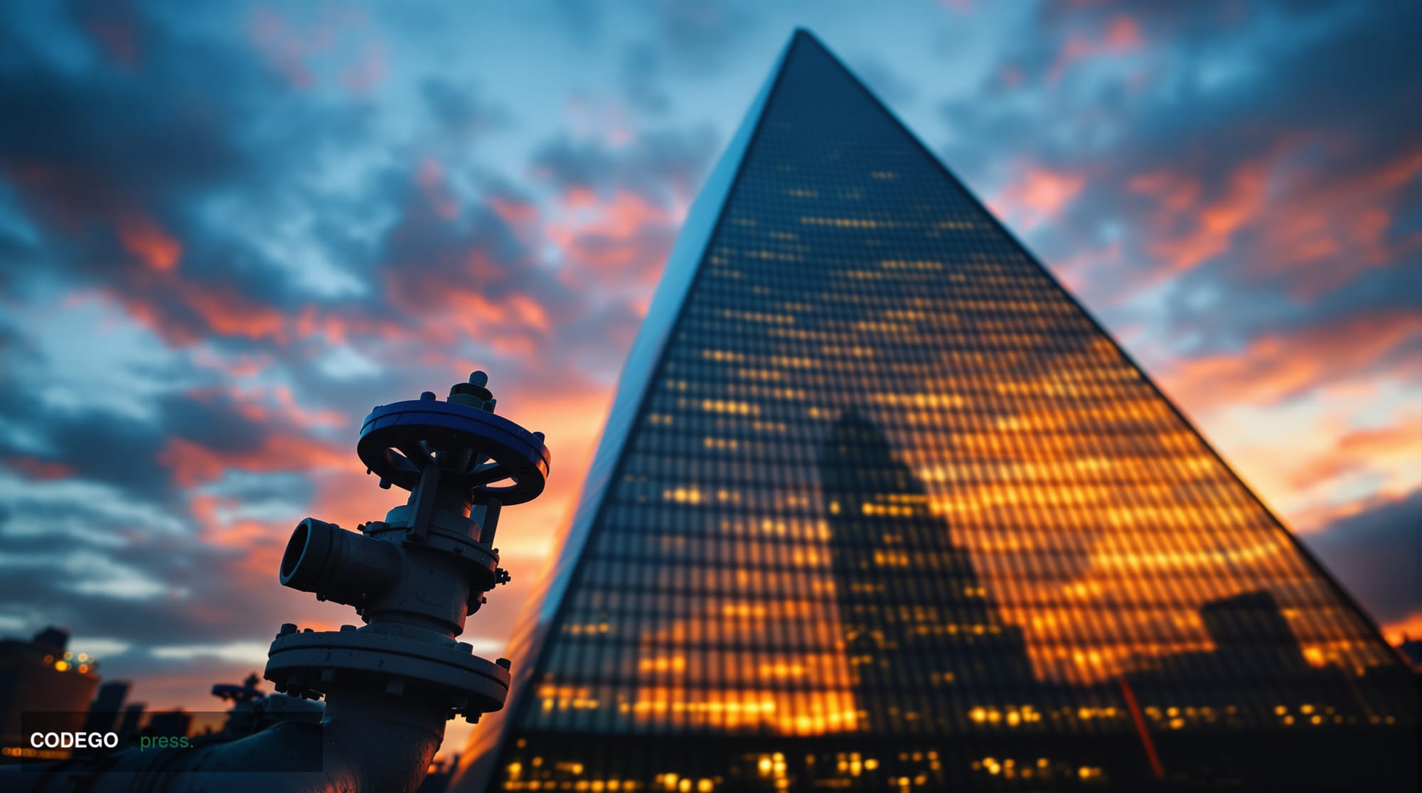A wide-angle cinematic editorial photograph of the European Central Bank's iconic glass-and-steel headquarters tower in Frank