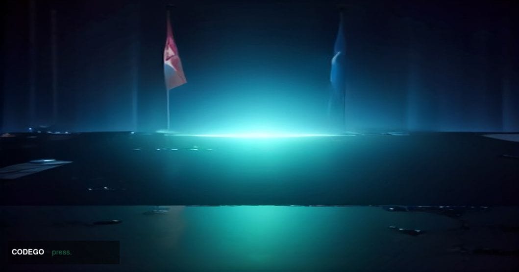 A cinematic editorial photograph showing a split-scene composition: on the left, a darkened trading terminal displaying crypt