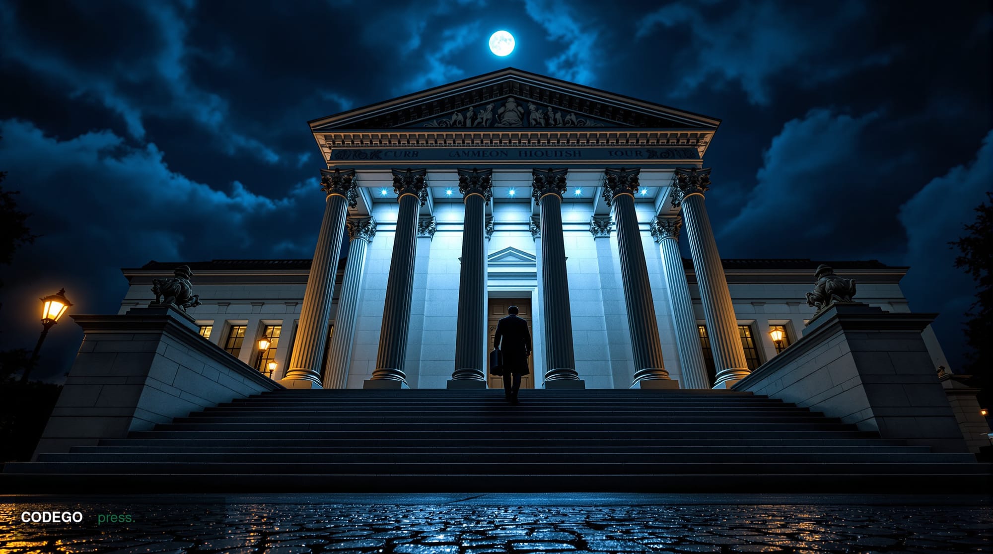 A dramatic cinematic editorial photograph taken from a low angle looking up at a monumental government courthouse facade in W