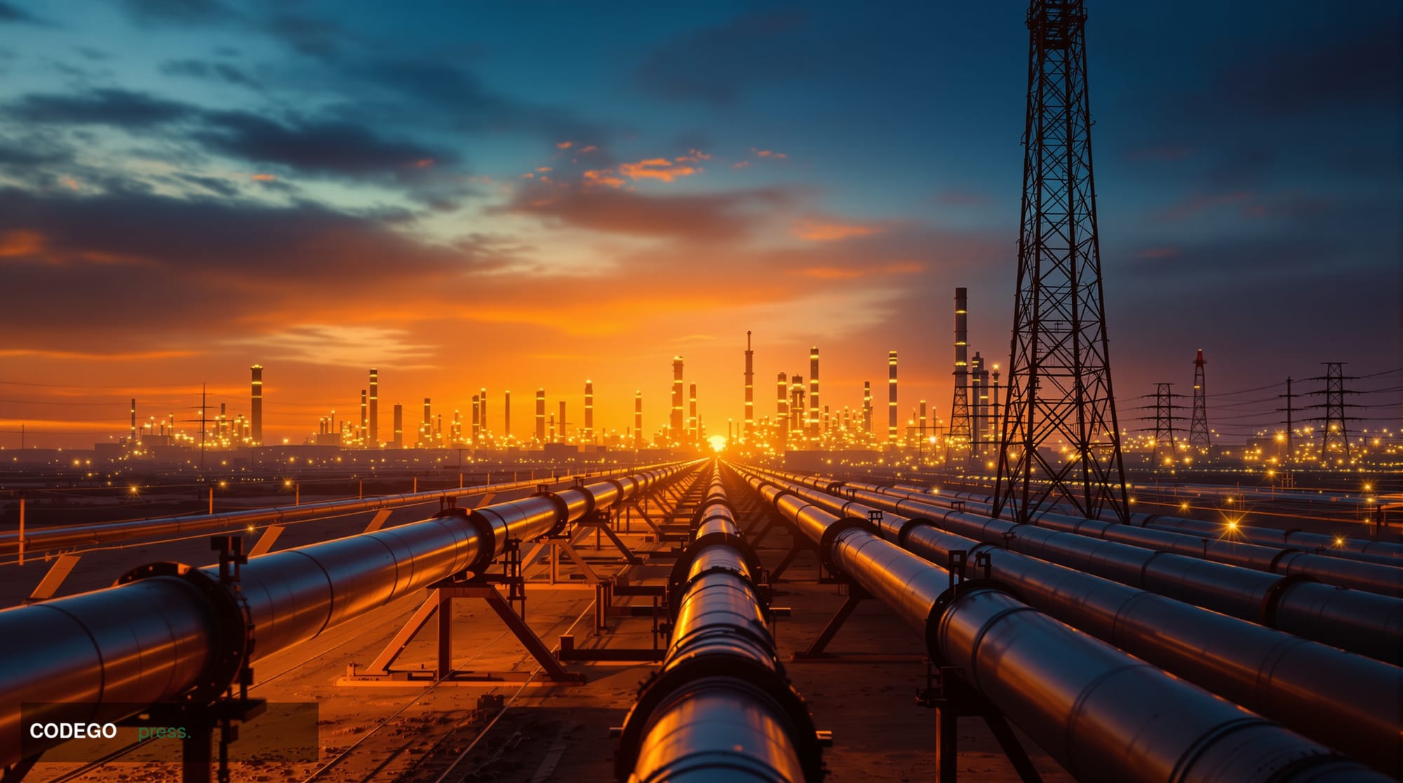 A cinematic editorial photograph depicting a dramatic aerial perspective of a vast network of critical infrastructure — oil p