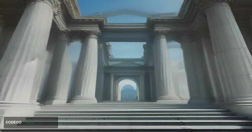 A wide-angle cinematic editorial photograph taken at ground level looking up at the façade of a grand neoclassical government