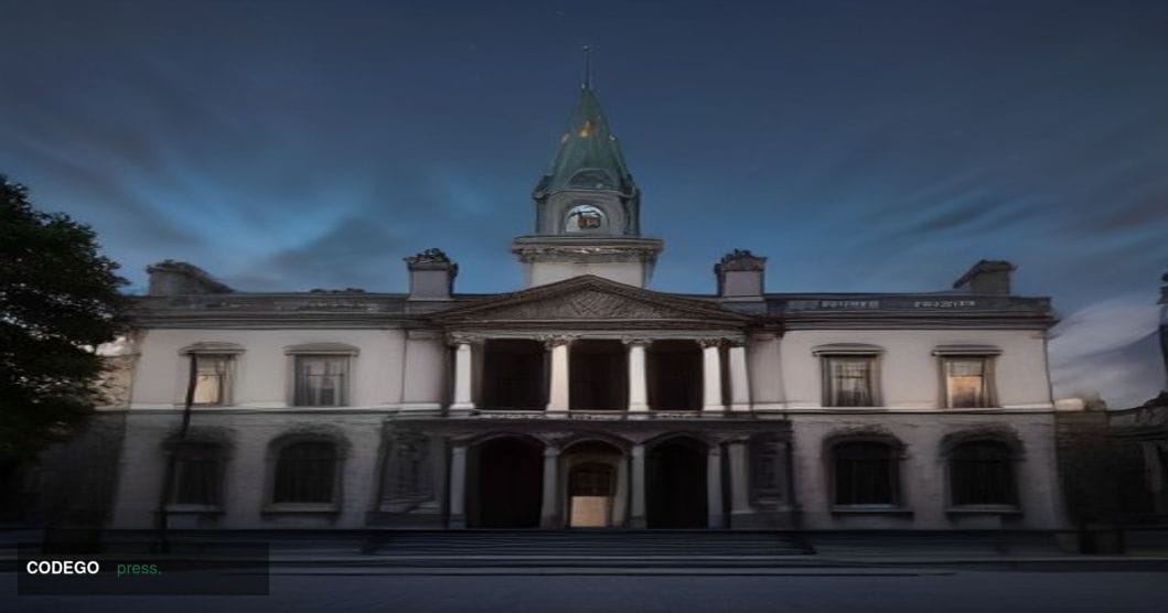 A wide-angle cinematic editorial photograph of the Irish Parliament building, Leinster House, in Dublin, captured at dusk fro