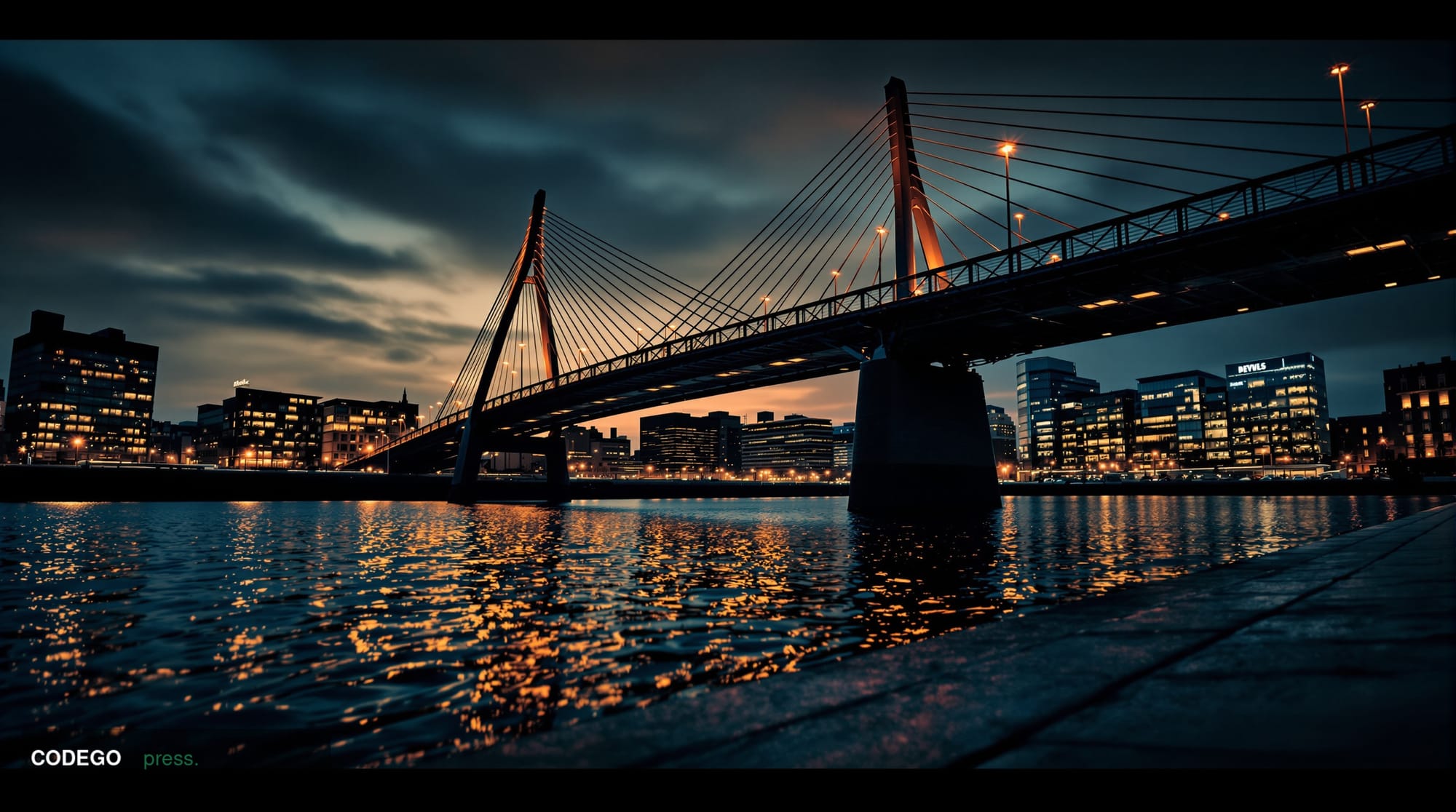 A wide-angle cinematic editorial photograph of Dublin's historic financial district along the River Liffey at dusk, shot from