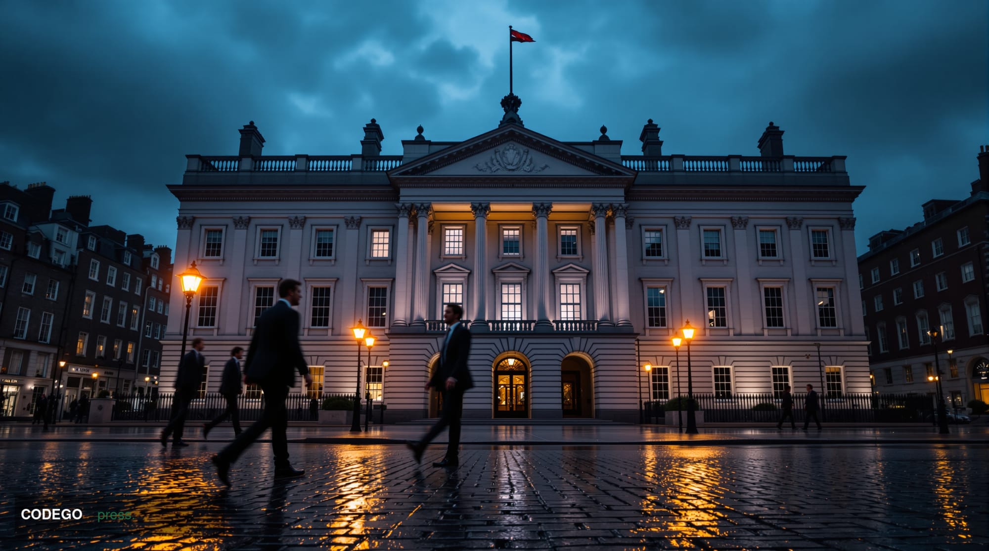 A cinematic editorial photograph of a grand neoclassical government building in Dublin — modelled on the architectural style 