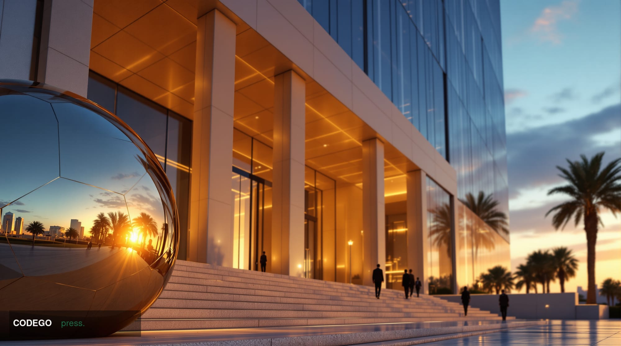 A photorealistic cinematic editorial photograph of a grand, modernist Middle Eastern financial institution exterior at golden