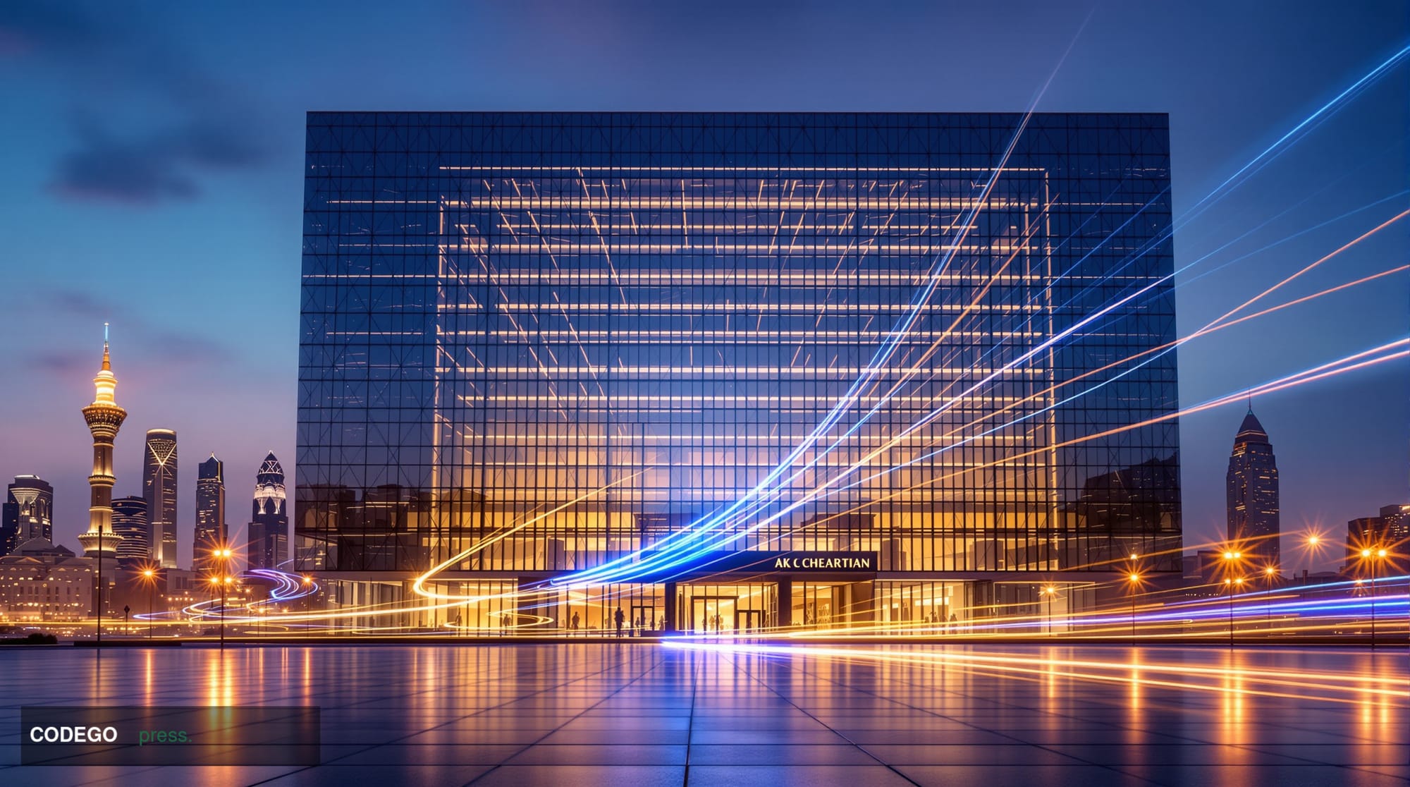 A photorealistic editorial photograph of a monumental Middle Eastern-styled glass and stone bank headquarters at dusk, set ag