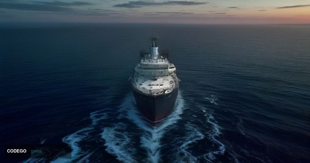 A cinematic editorial photograph shot from a low drone angle over dark, choppy Mediterranean waters at dusk, showing a large,