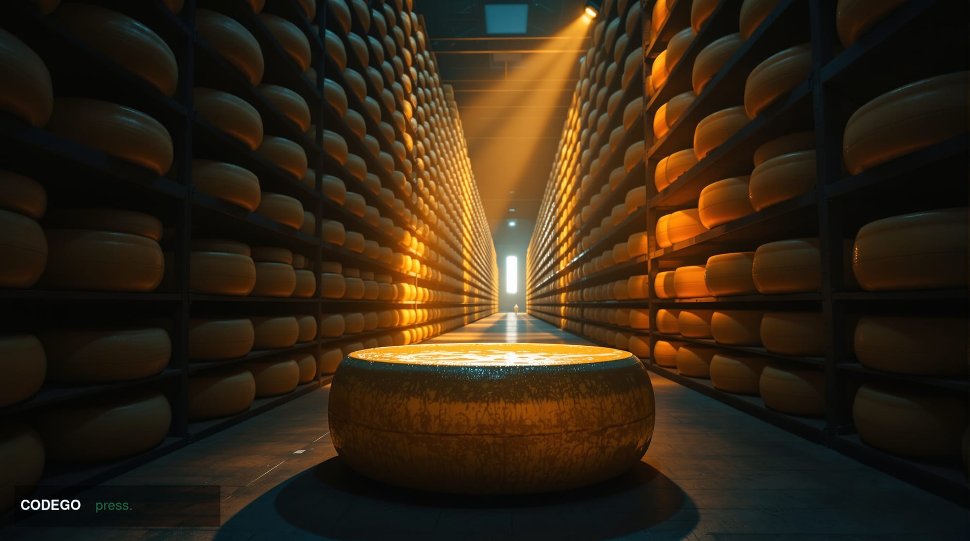 A cinematic editorial photograph shot inside a vast, cathedral-like Italian cheese aging warehouse in Emilia-Romagna, with dr
