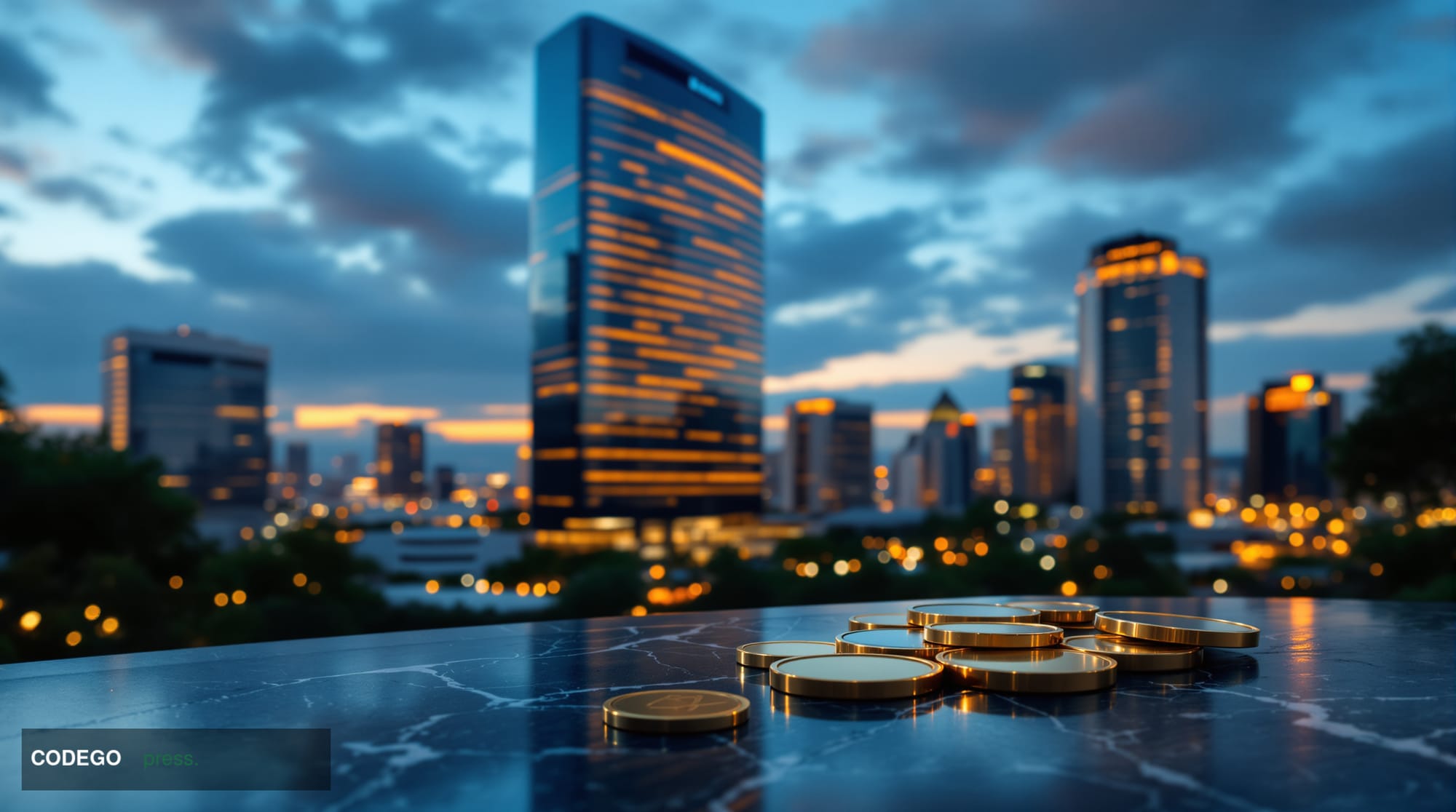 A cinematic editorial photograph of a modern Brazilian financial district at dusk, with a towering glass-and-steel bank headq
