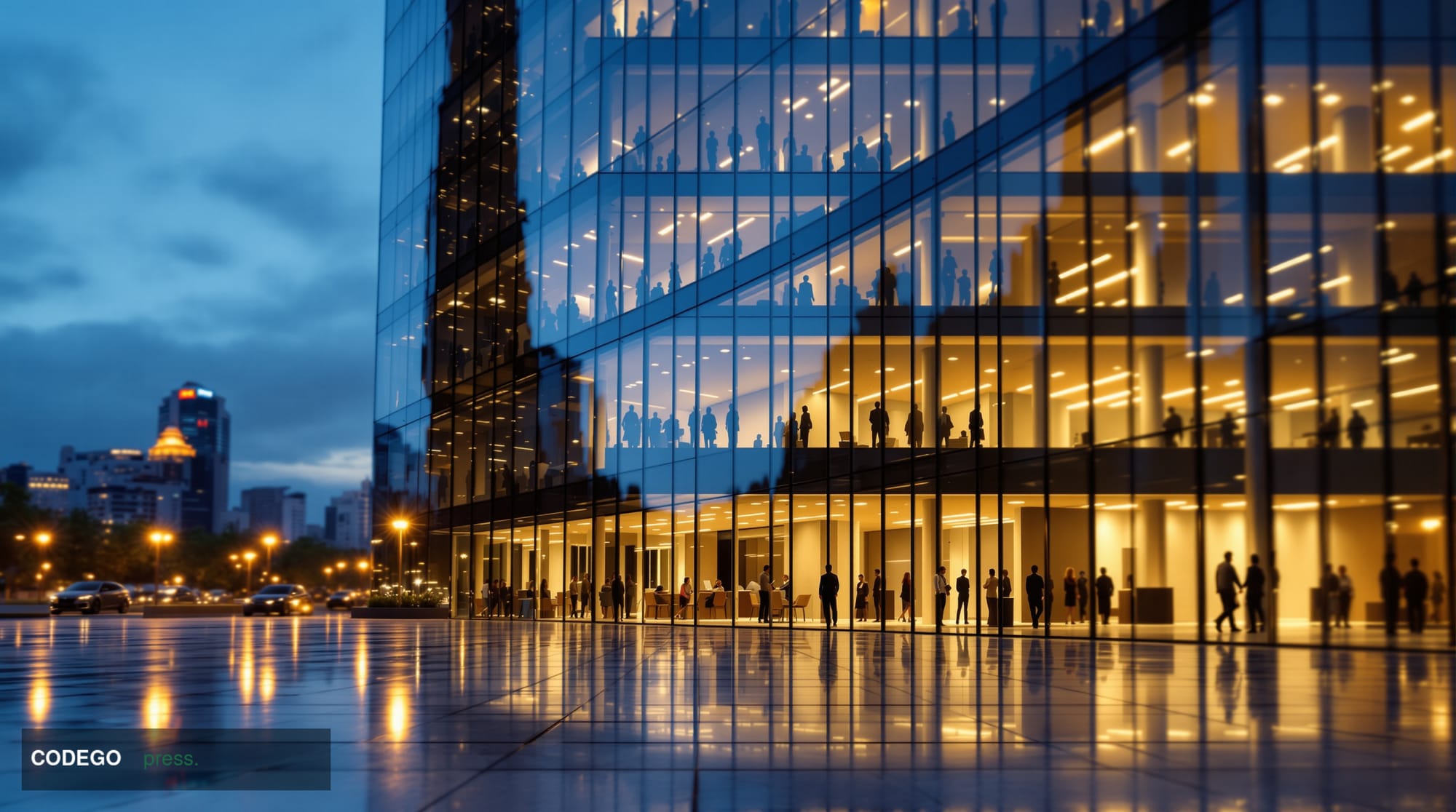 A dramatic cinematic exterior shot of a sleek glass-and-steel modern bank headquarters in São Paulo at dusk, with the iconic 