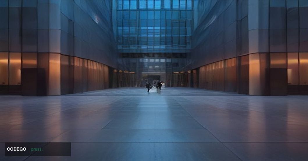 A cinematic photorealistic editorial photograph of a grand glass-and-steel bank headquarters exterior at twilight, with warm 