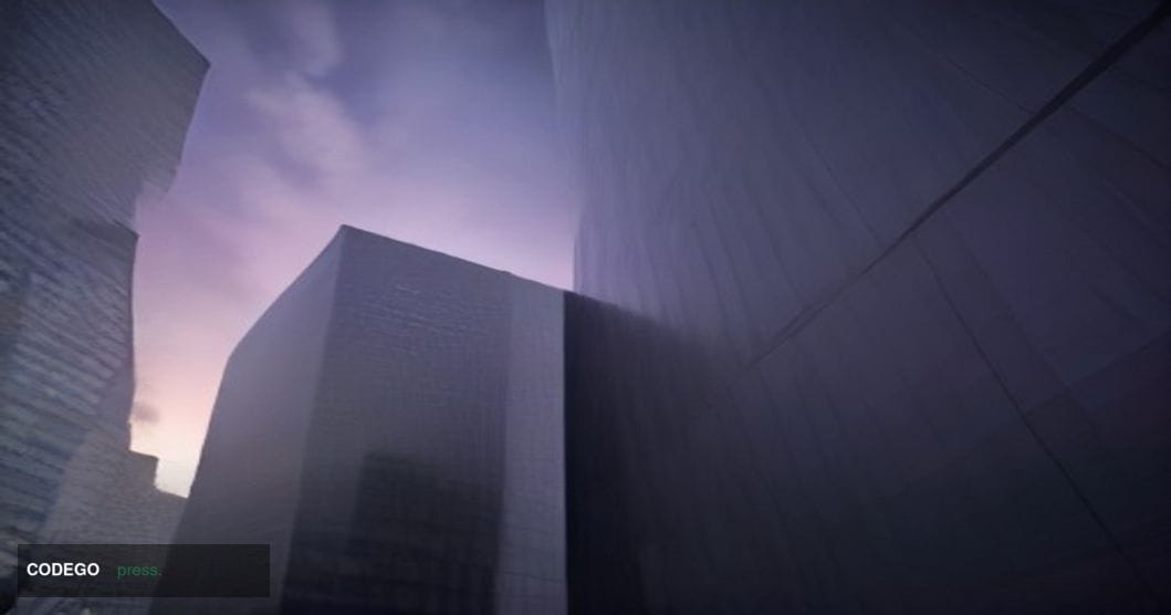 A dramatic photorealistic editorial photograph taken from a low-angle perspective looking up at the glass-and-steel facade of