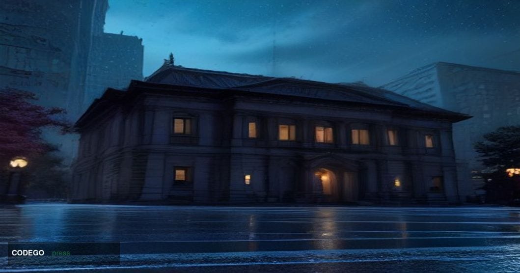 A dramatic low-angle photorealistic editorial photograph of the Bank of Japan's historic granite and neoclassical headquarter