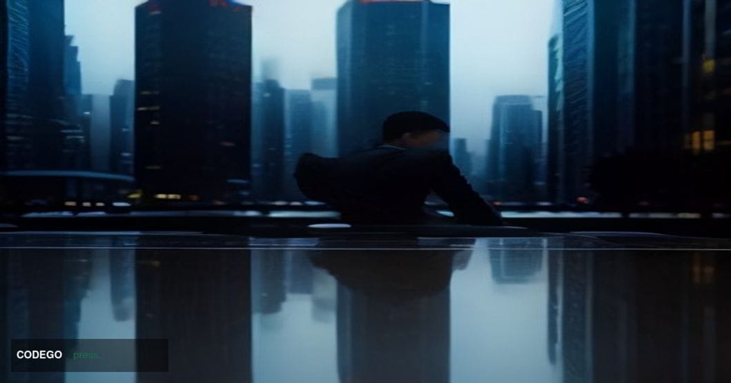 A cinematic editorial photograph set in Tokyo's financial district at dusk, with the glass and steel towers of Marunouchi or 
