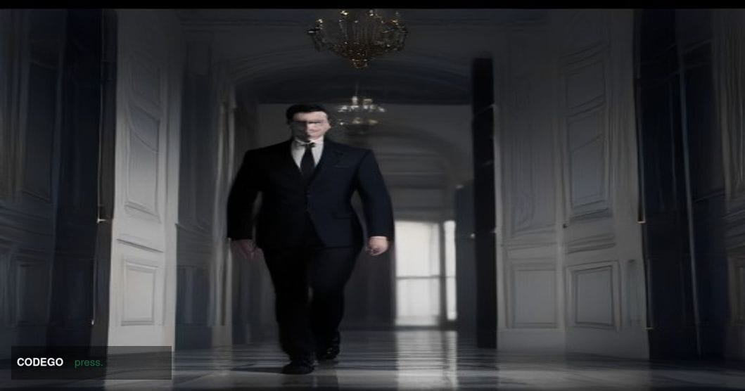A dramatic cinematic editorial photograph set inside a grand Washington D.C. federal government corridor, featuring a tall au