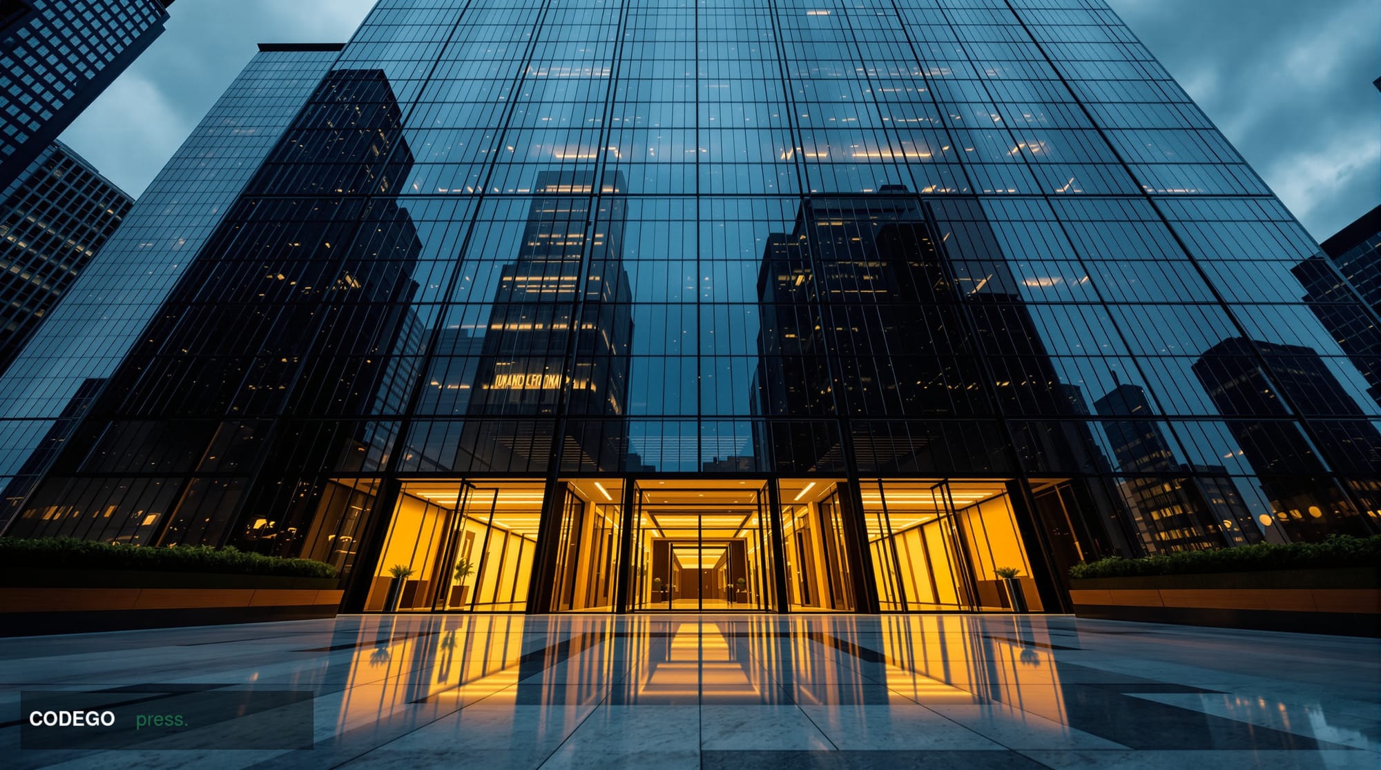 A cinematic editorial photograph shot from a low angle looking up at a towering mid-Manhattan glass skyscraper representing a