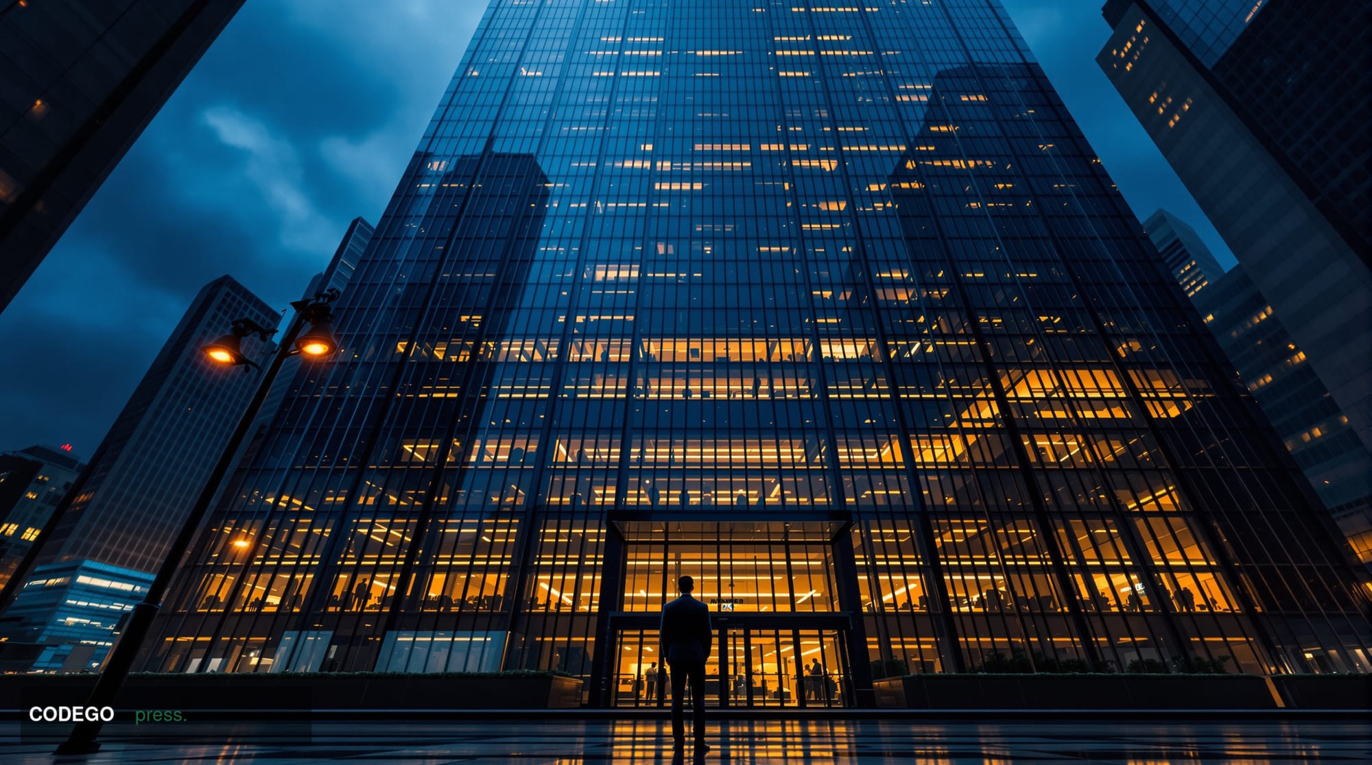 A dramatic wide-angle shot of a towering glass-and-steel financial district skyscraper at dusk, its reflective façade mirrori