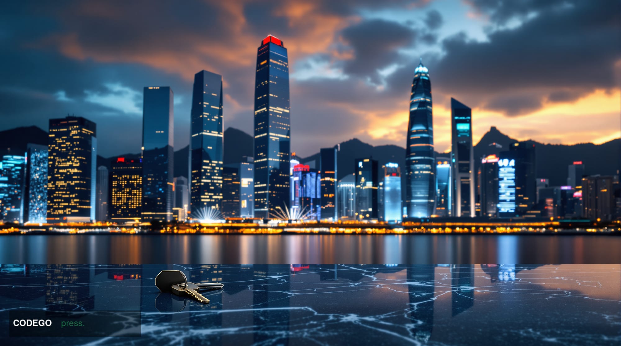 A cinematic editorial photograph of a towering glass-and-steel financial district skyline at dusk, dominated by the iconic an