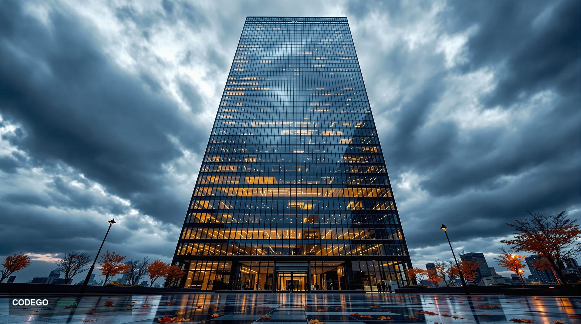 A dramatic wide-angle exterior shot of a monumental glass-and-steel American bank headquarters tower in Lower Manhattan at du