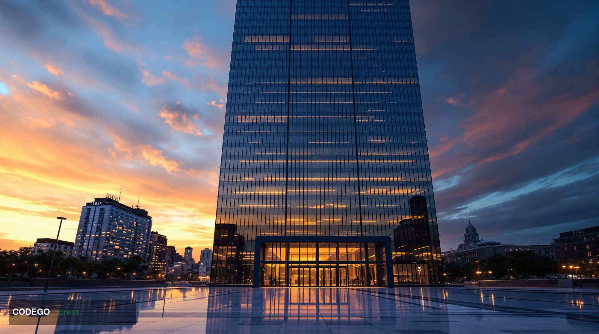 A dramatic wide-angle exterior shot of a towering glass skyscraper in lower Manhattan at dusk, its reflective facade catching