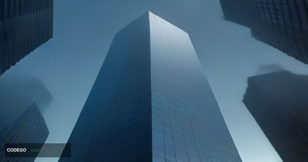 A dramatic cinematic editorial photograph of a towering glass-and-steel financial district skyscraper shot from a low-angle p