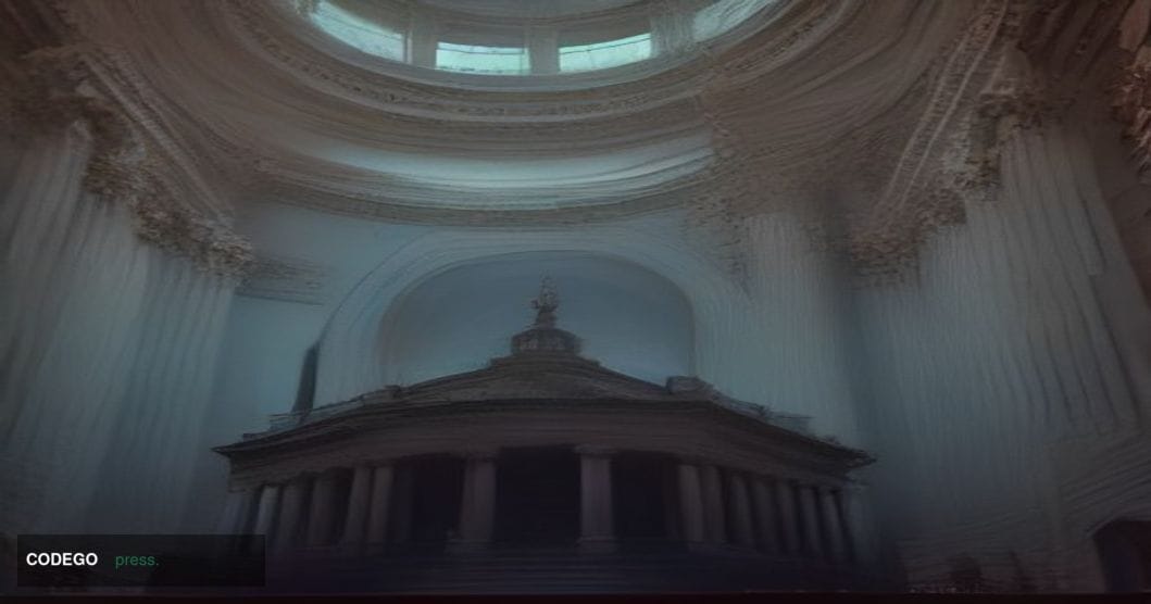 A cinematic editorial photograph shot from a low angle looking up at the grand neoclassical columns of the U.S. Capitol build