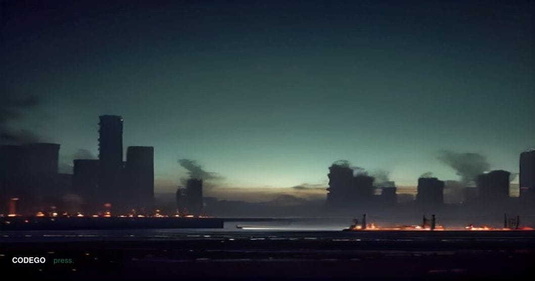 A cinematic editorial photograph depicting a split-scene composition: on the left, a bank of illuminated cryptocurrency tradi