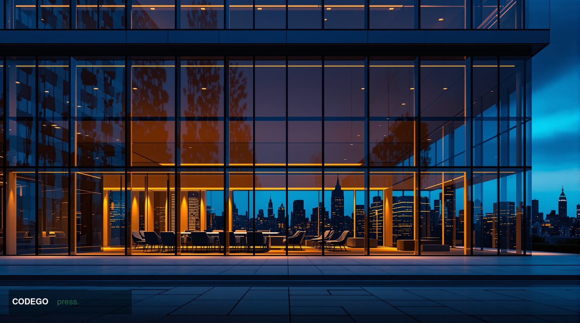 A dramatic cinematic editorial photograph of a sleek, modern Scandinavian-style corporate headquarters building at dusk, rend