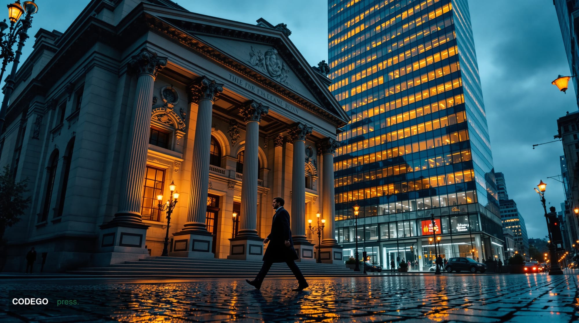 A cinematic editorial photograph set in a dramatic European financial district at dusk, with a grand neoclassical bank buildi