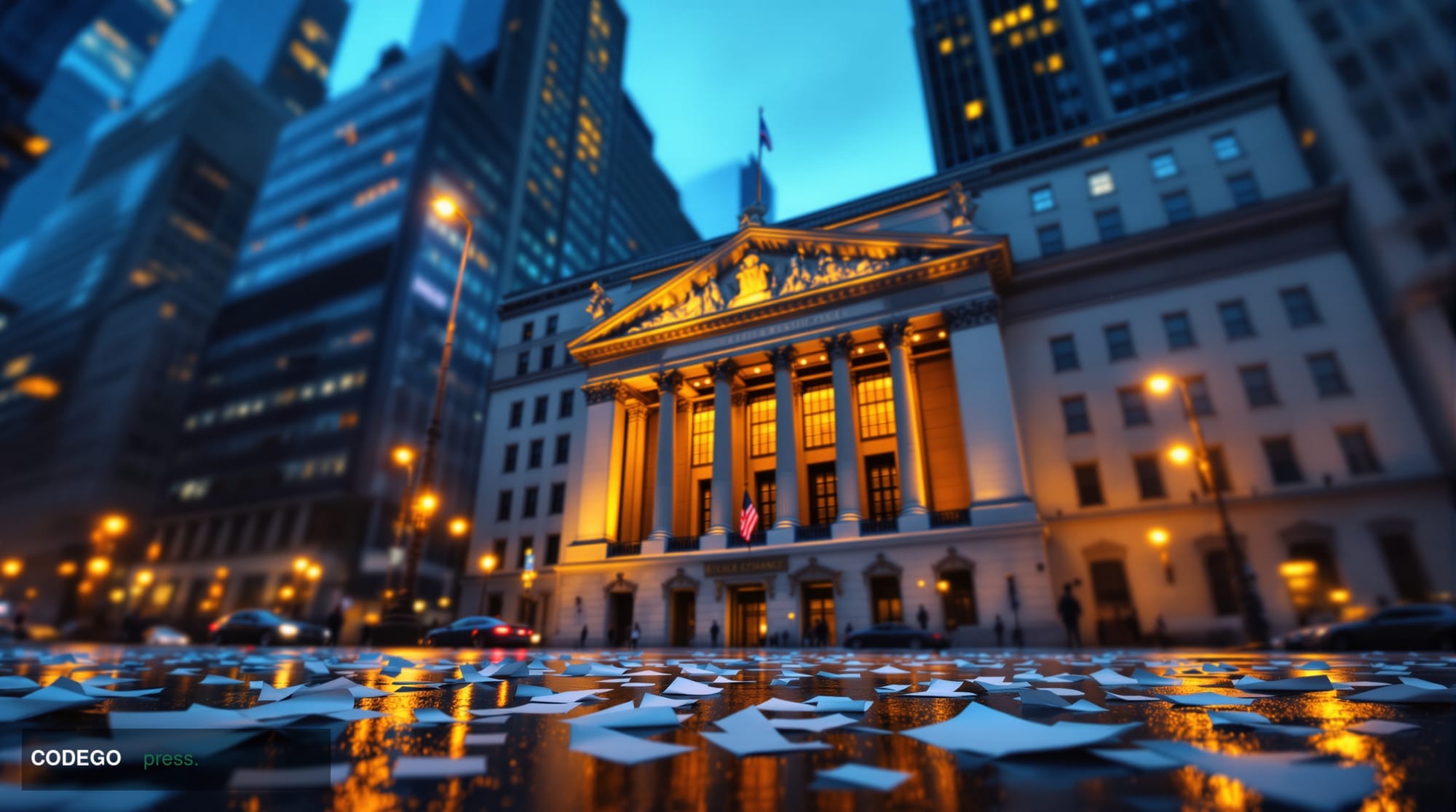 A dramatic exterior shot of the New York Stock Exchange's neoclassical stone facade on Wall Street at dusk, rendered in cinem
