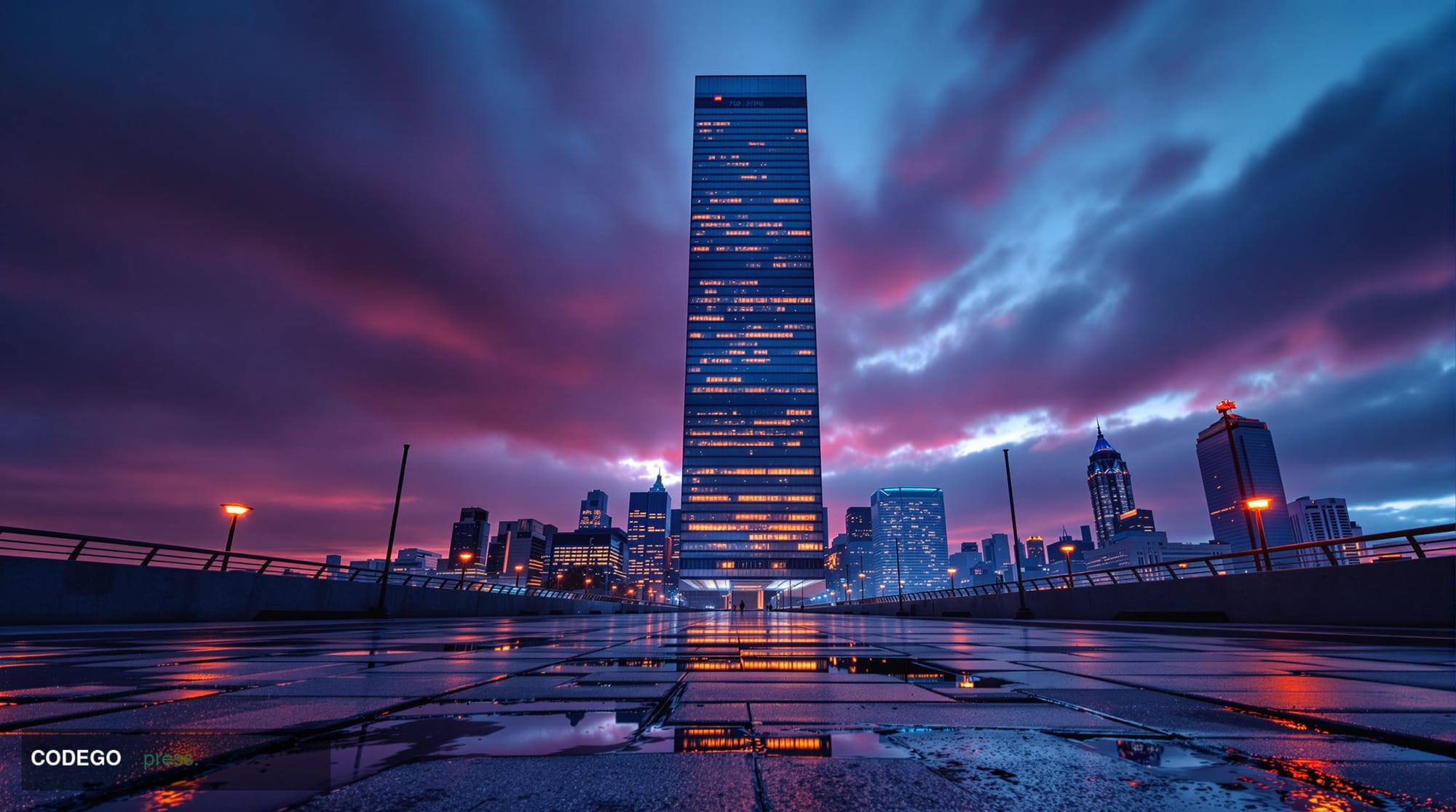 A wide-angle cinematic shot of a sleek San Francisco financial-district glass tower at dusk, the building's blank reflective 