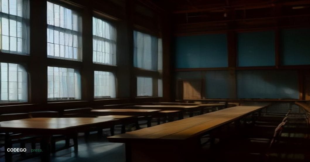 A dimly lit federal courtroom interior photographed from a low angle, with a single wooden defendant's chair illuminated by a