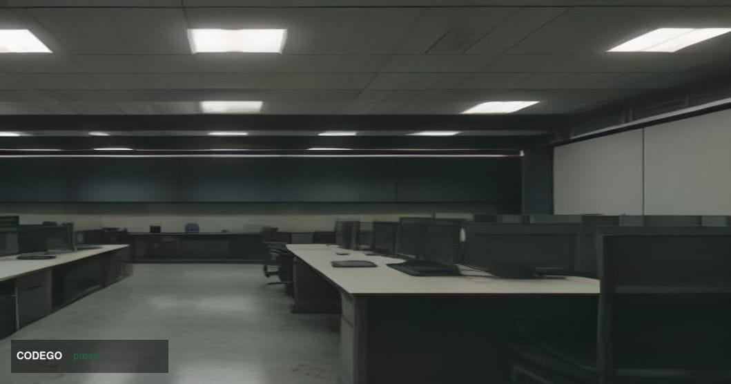 A cinematic editorial photograph of a modern open-plan fintech office interior in the foreground, with sleek glass desks and 