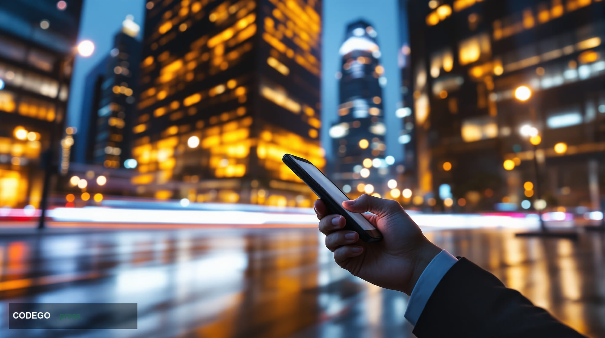 A cinematic editorial photograph set in a sleek, modern financial technology district in Shanghai or Shenzhen at dusk, with t