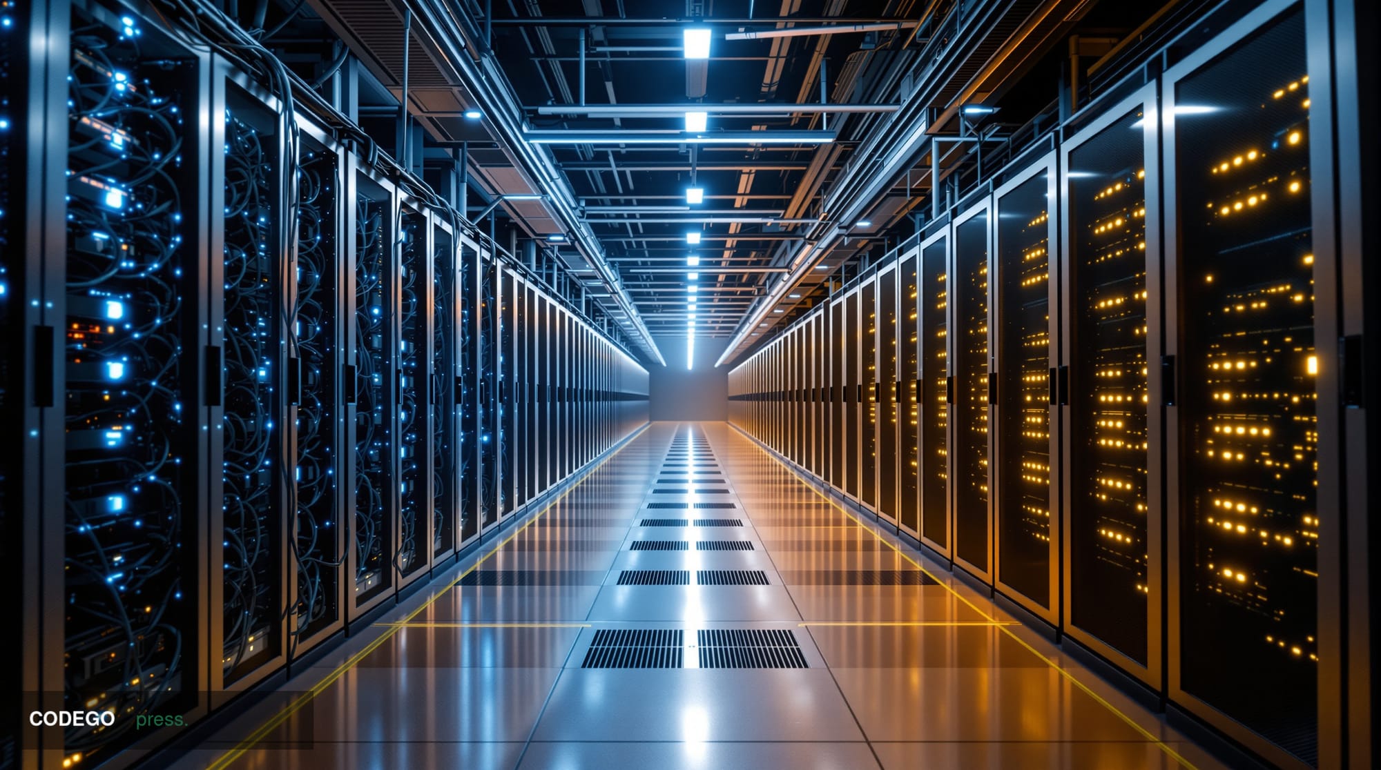 A dramatic cinematic editorial photograph inside a vast industrial data center facility undergoing visible transition: one ha