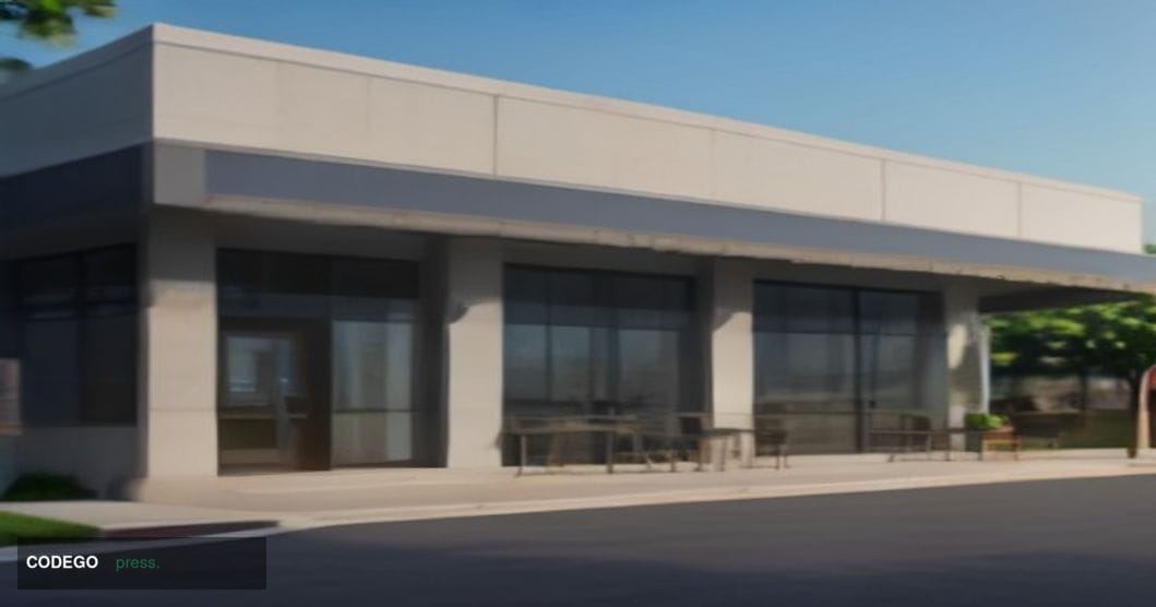 A cinematic editorial photograph of a modern community bank branch exterior in Wilmington, North Carolina, shot at golden hou