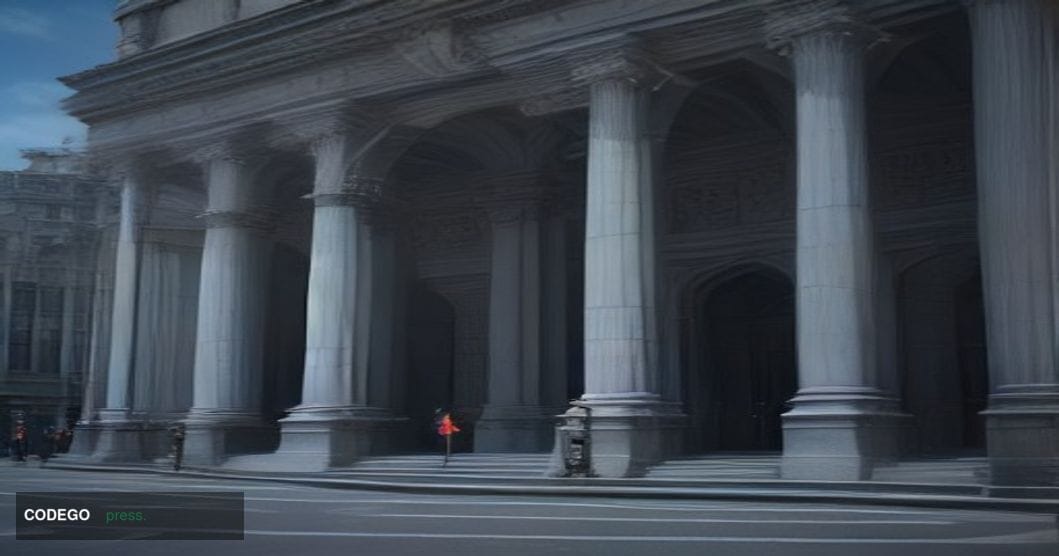 A dramatic wide-angle shot of a grand British high-street banking facade, rendered in cold slate-blue afternoon light with de