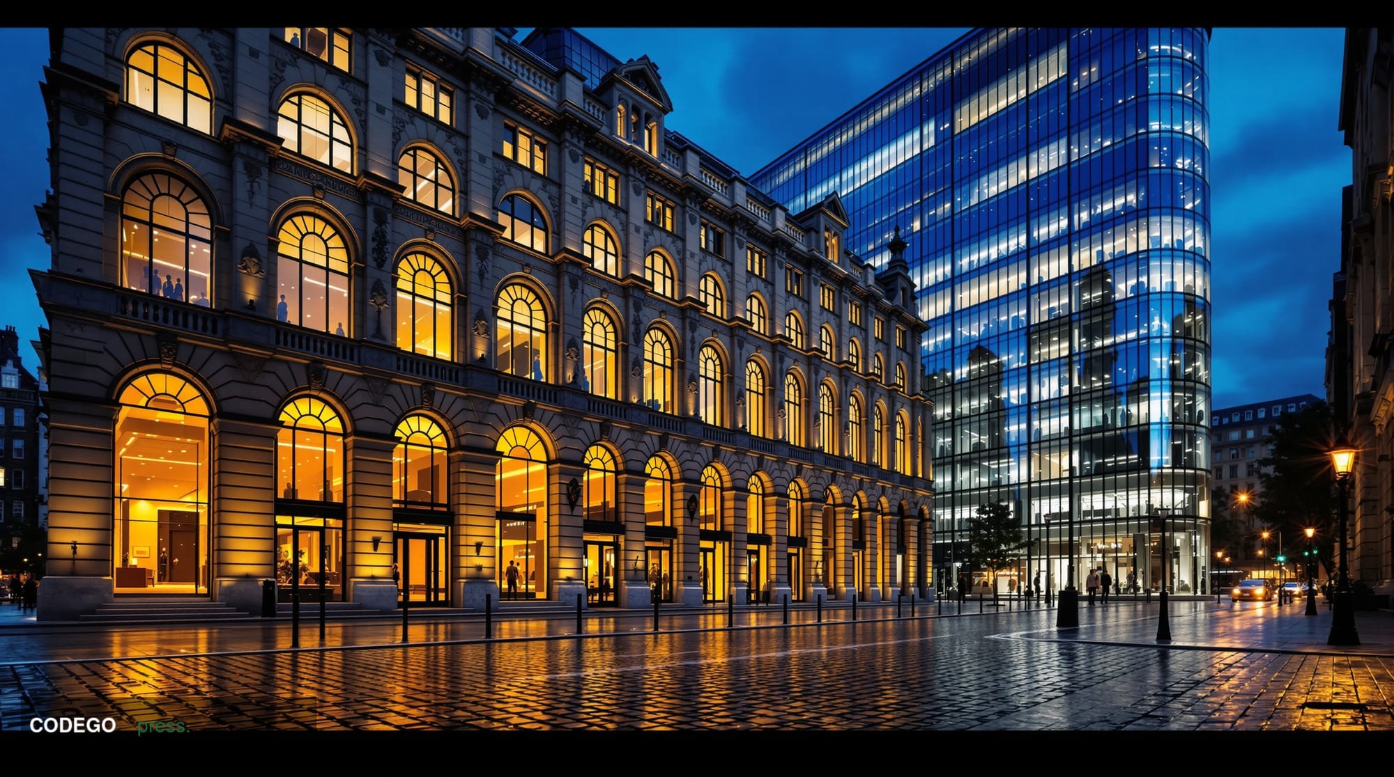A dramatic exterior view of a classic British stone-and-glass banking headquarters at dusk in central London, shot from a low